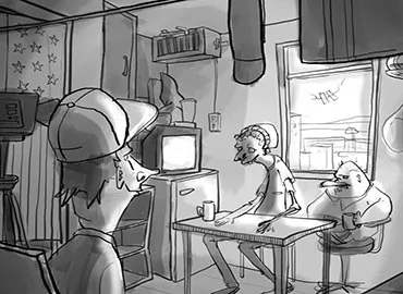 Early concept art of Don an Andy getting interviewed by Steve - made by Anna Nissen