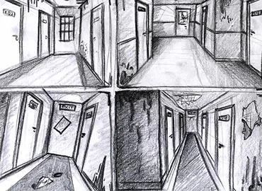 Early concept art of the hallway - made by Julie Astrup